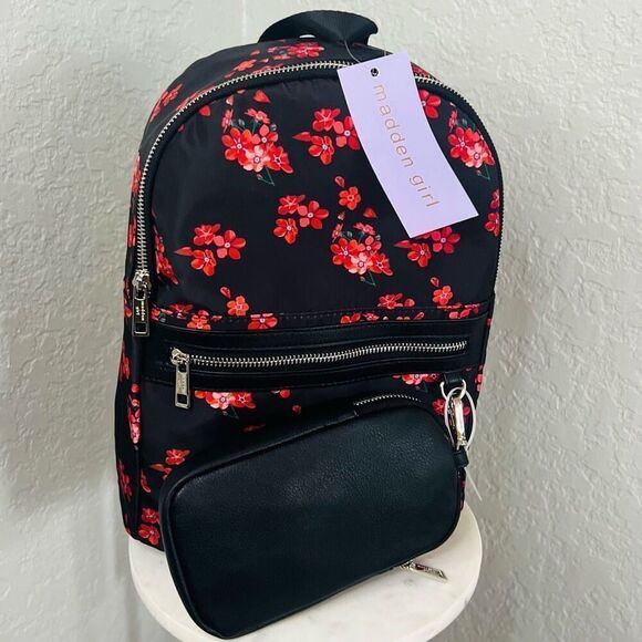 Madden Girl Mini Backpack &‎ Pouch Bag, Lightweight, Black Red Floral, NWT - Picture 7 of 14